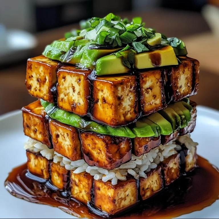 Crispy Teriyaki Tofu and Avocado Rice Stack