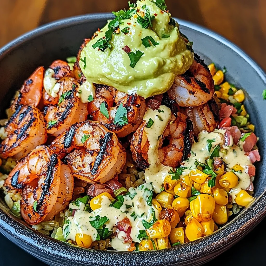 Grilled Shrimp Bowl with Avocado, Corn Salsa & Creamy Sauce