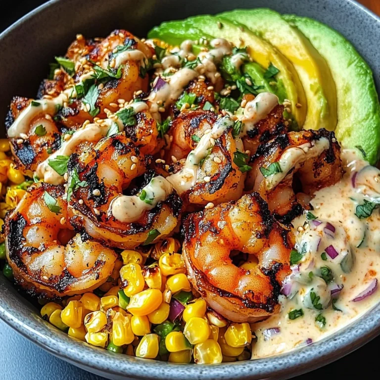 Grilled Shrimp Bowl with Avocado, Corn Salsa & Creamy Garlic Sauce