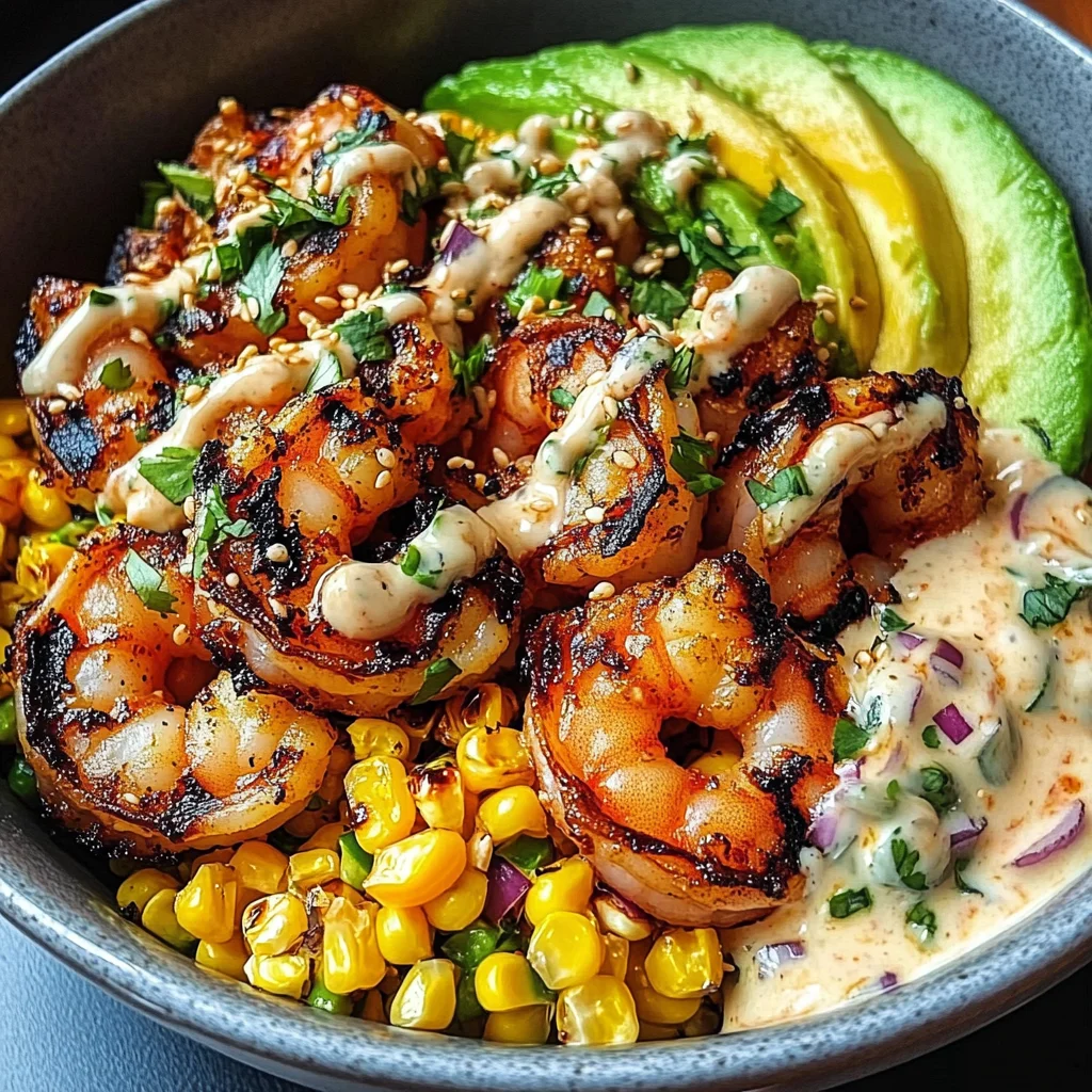 Grilled Shrimp Bowl with Avocado, Corn Salsa & Creamy Garlic Sauce