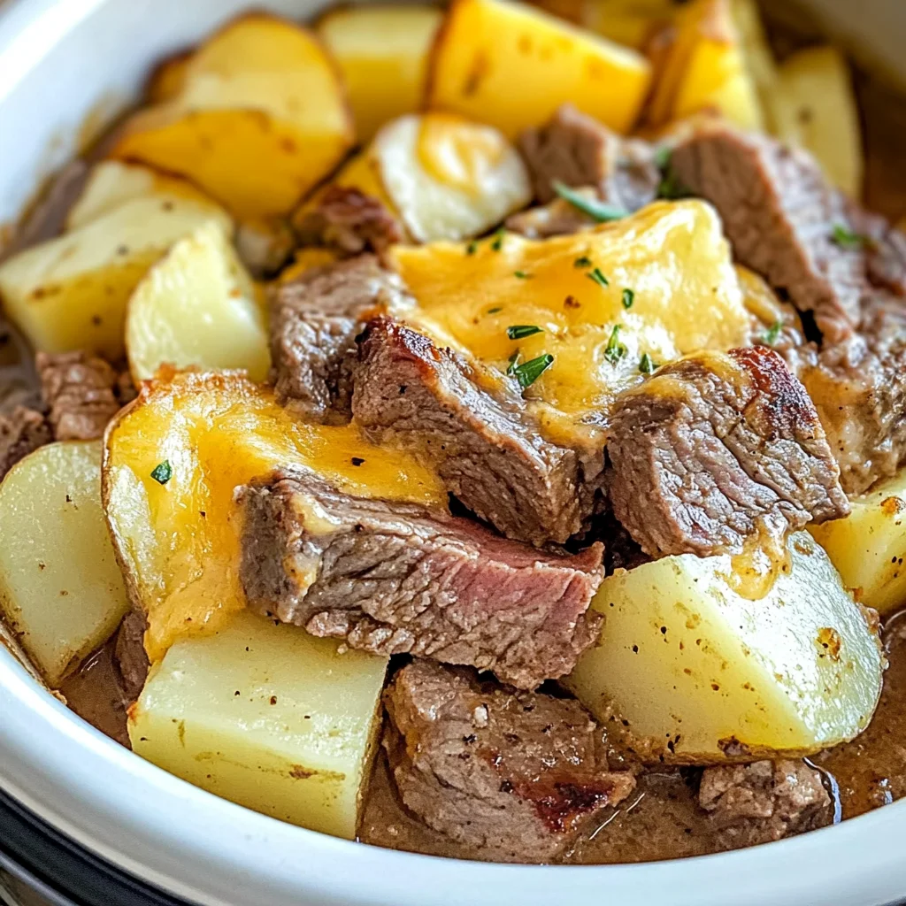 Slow Cooker Steak and Cheddar Potato Casserole