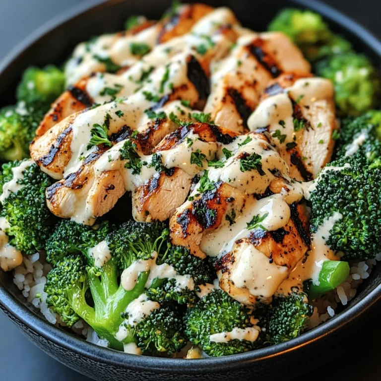 Grilled Chicken & Broccoli Bowls with Creamy Garlic Sauce