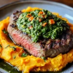 Steak with Green Sauce and Mashed Sweet Potatoes