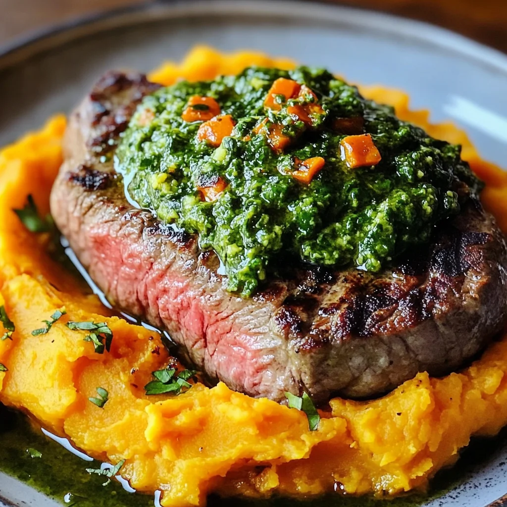 Steak with Green Sauce and Mashed Sweet Potatoes