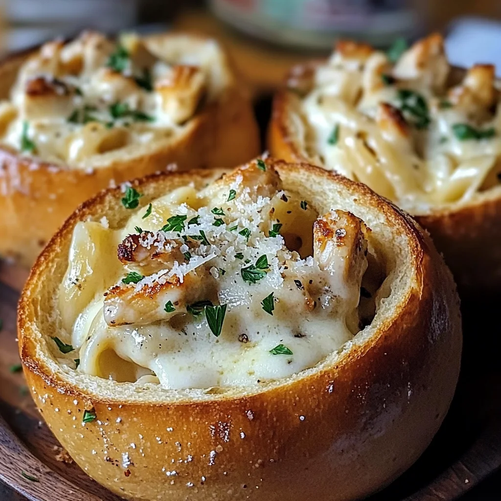 Chicken Alfredo Garlic Bread Bowls