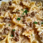 Creamy Parmesan Garlic Beef Bowtie Pasta