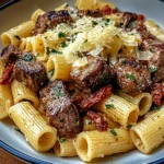 Garlic Butter Steak Tips with Cheesy Rigatoni