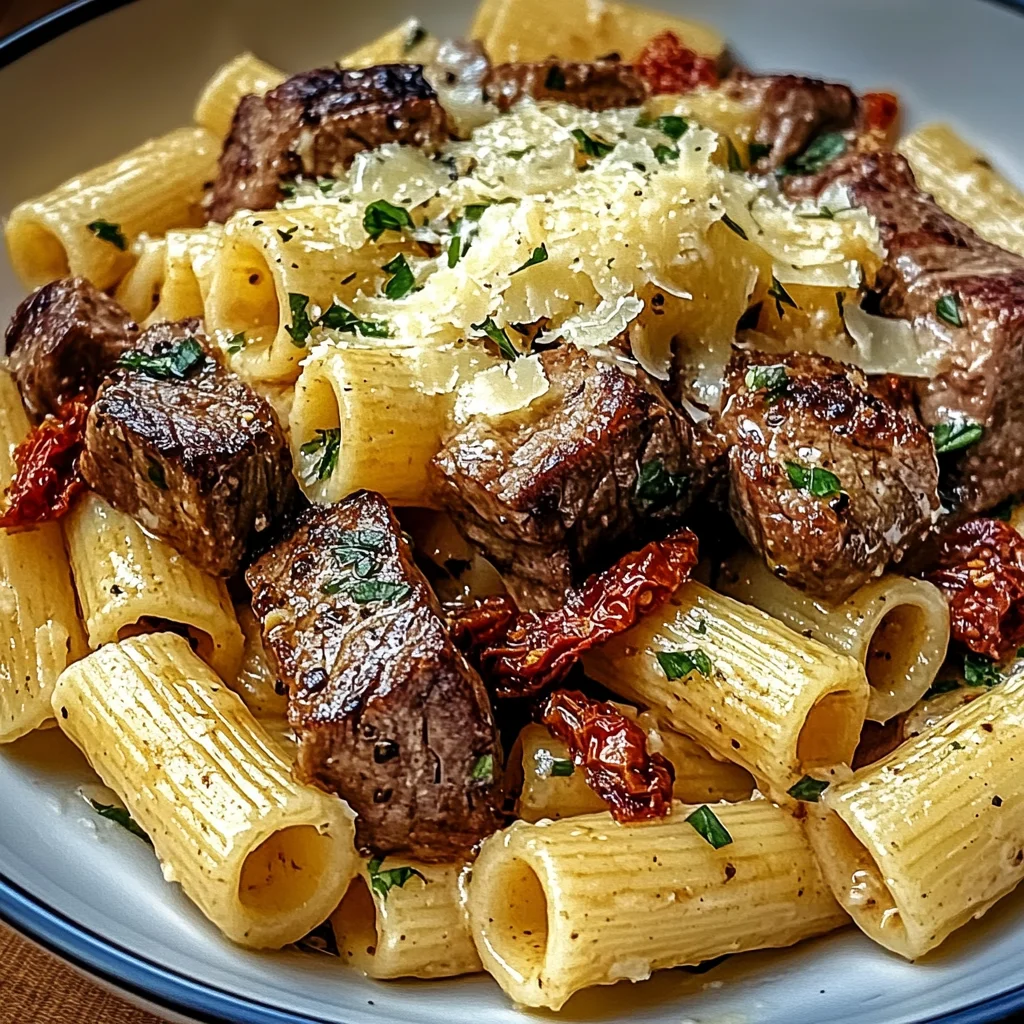 Garlic Butter Steak Tips with Cheesy Rigatoni