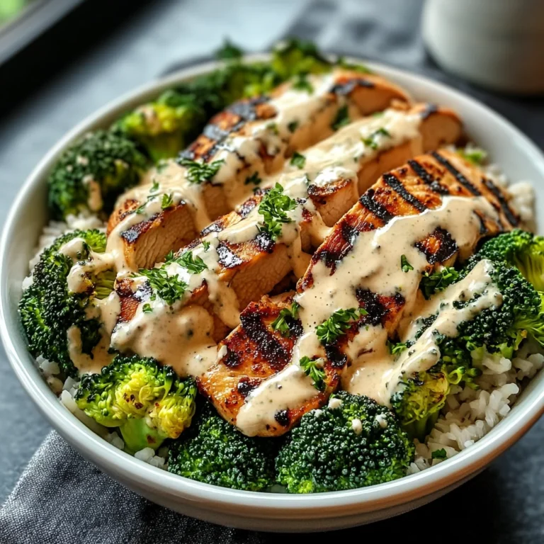 Grilled Chicken & Broccoli Bowls with Creamy Garlic Sauce